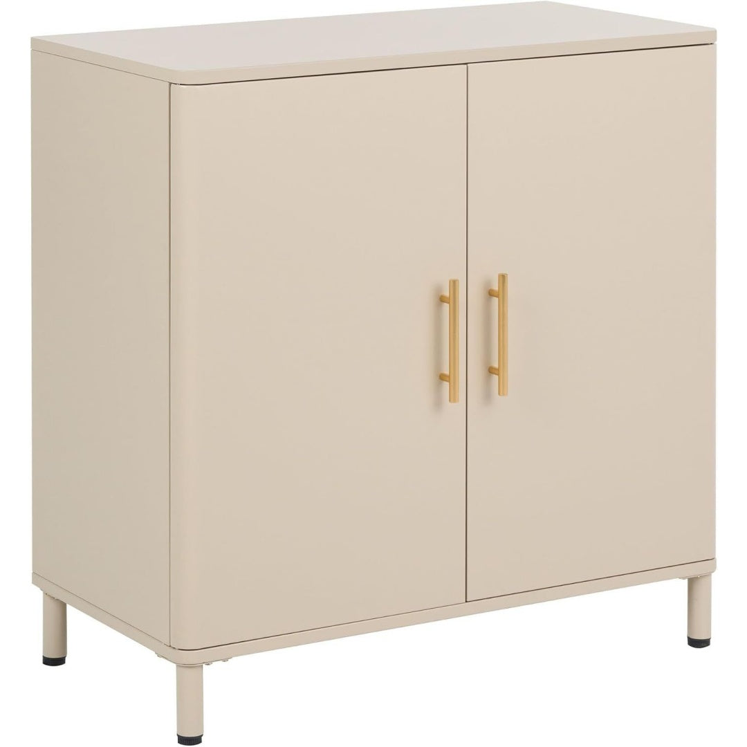 Une touche de caractere, buffet avec portes, avec etageres dans un ton beige et dore