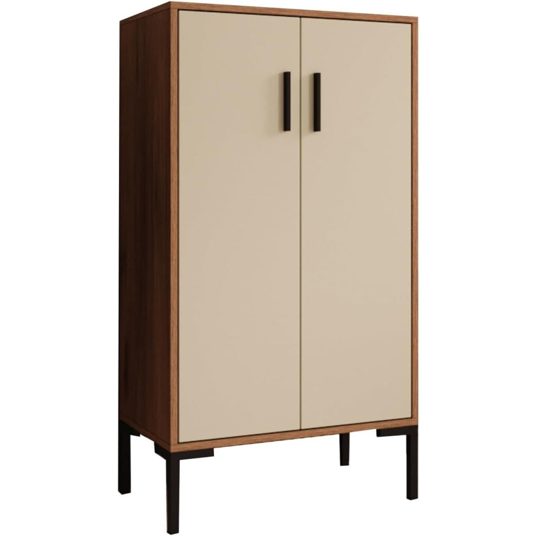Une silhouette equilibree pour ce buffet avec tiroirs, a l'aspect bois, teinte blanc et bois naturel