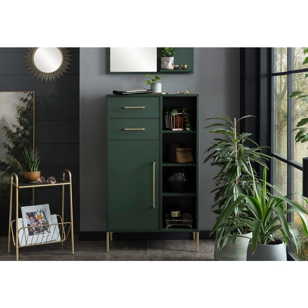 Une silhouette equilibree pour ce buffet avec portes, avec etageres, teinte noir et chene