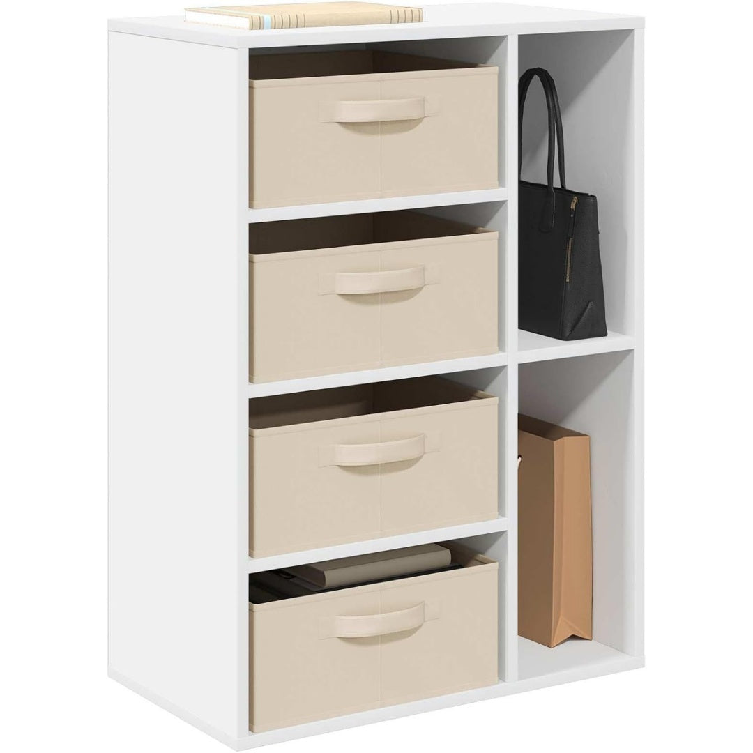Pour un interieur harmonieux, buffet avec tiroirs, avec etageres en finition blanc et bois naturel