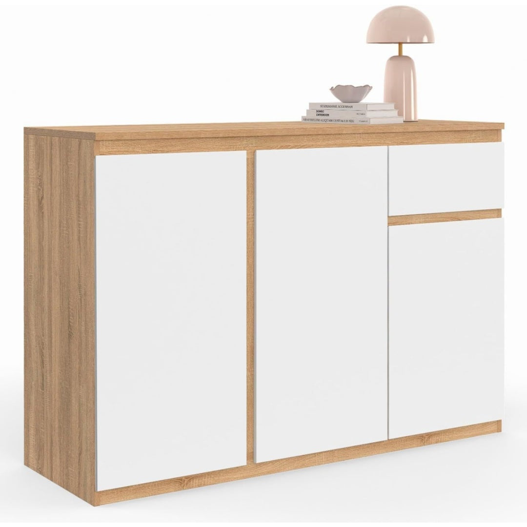 Une silhouette equilibree pour ce buffet avec tiroirs, a l'aspect bois, teinte bois naturel