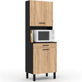 Une silhouette equilibree pour ce buffet avec portes, a l'aspect bois, teinte noir et bois naturel