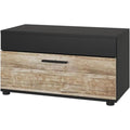 Le charme du rangement avec ce buffet aux lignes soignees, coloris noir et chene