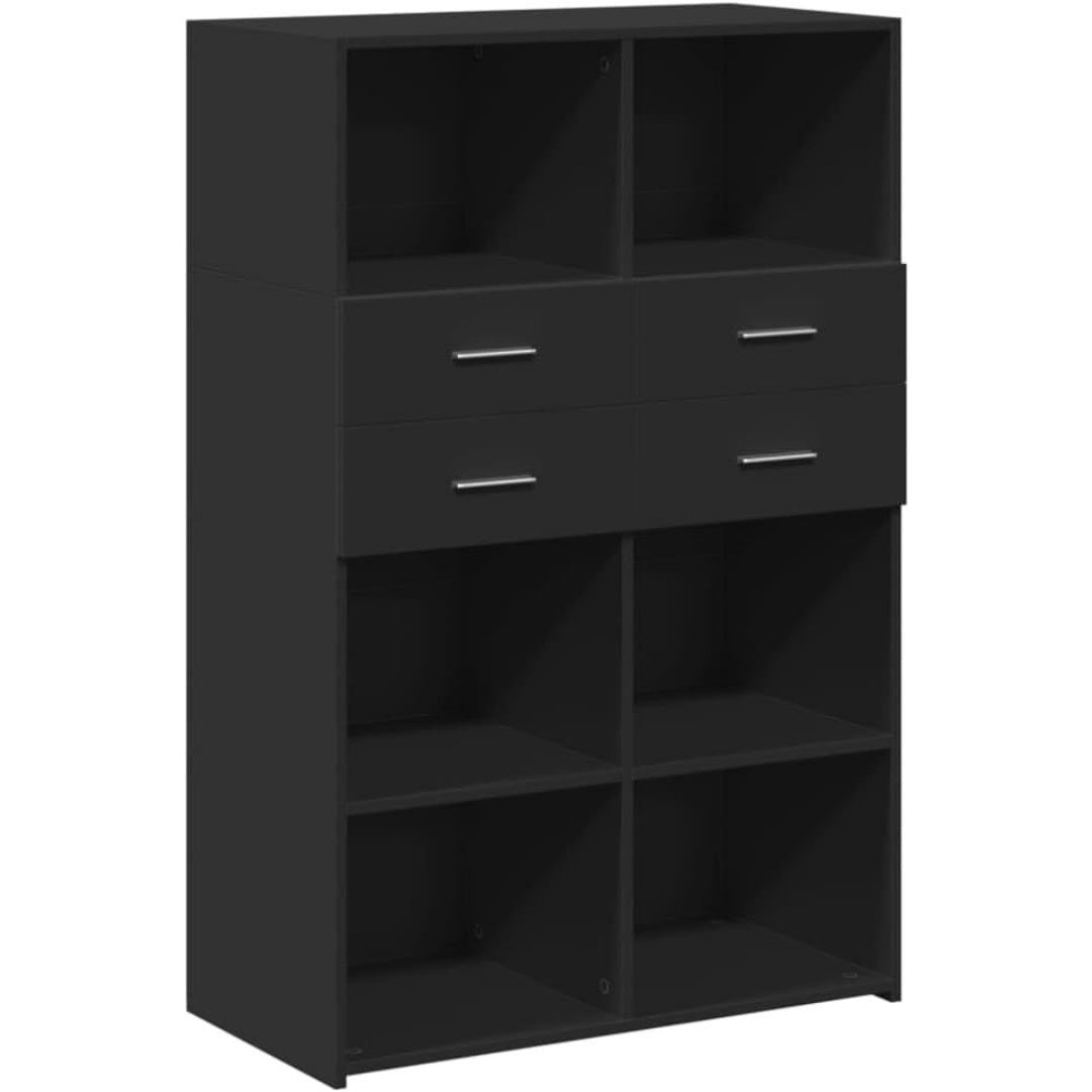 Un espace mieux organise grace a ce buffet avec tiroirs, a l'aspect bois, finition noir et bois naturel