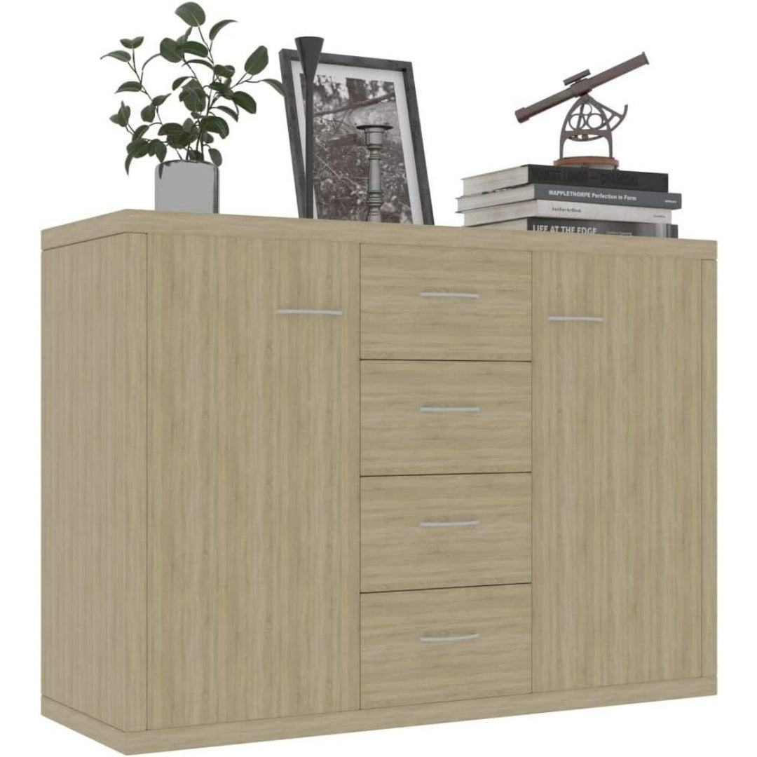 Un espace mieux organise grace a ce buffet avec portes, avec etageres, finition gris et chene