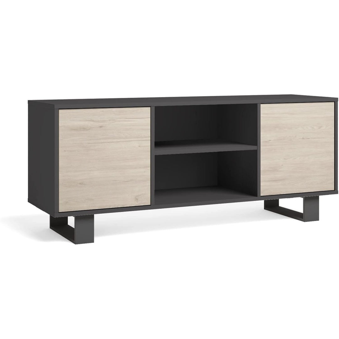 Un espace mieux organise grace a ce buffet avec tiroirs, avec portes, finition marron et naturel