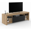 Le charme du rangement avec ce meuble television avec portes, a l'aspect bois, coloris noir et bois naturel