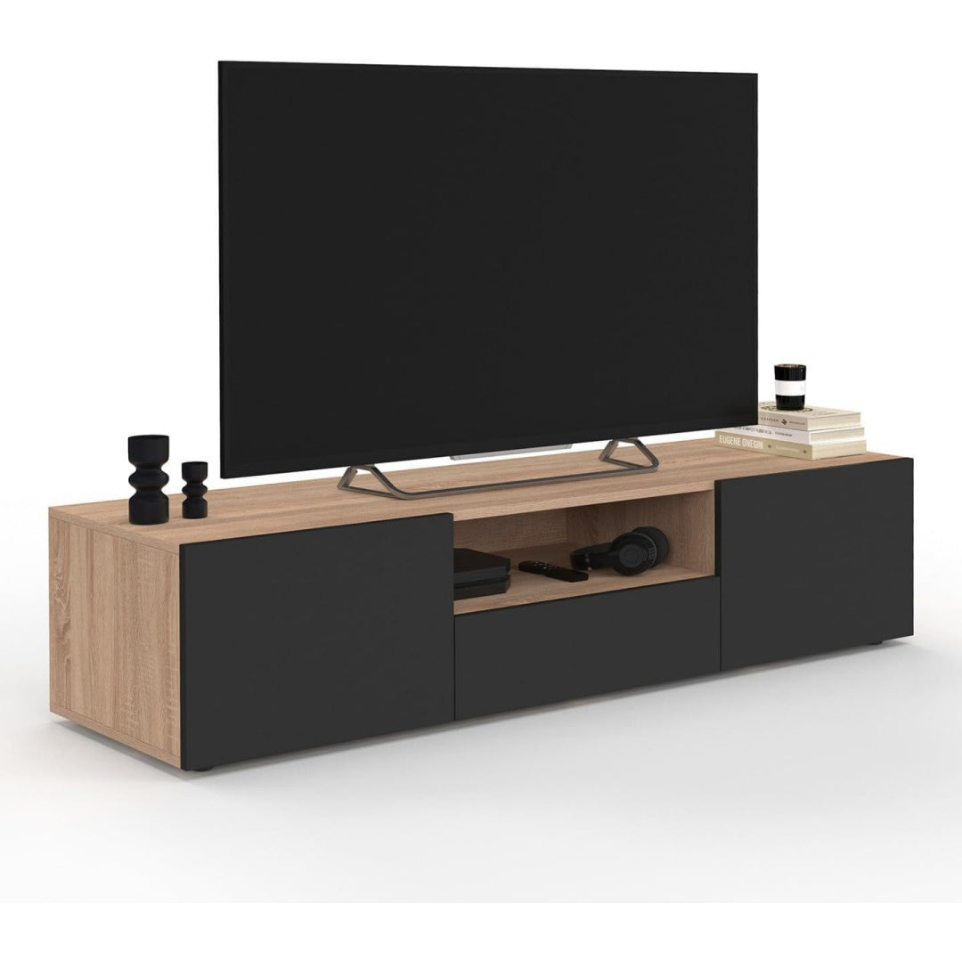 Une touche de caractere, meuble television avec portes, a l'aspect bois dans un ton noir et bois naturel